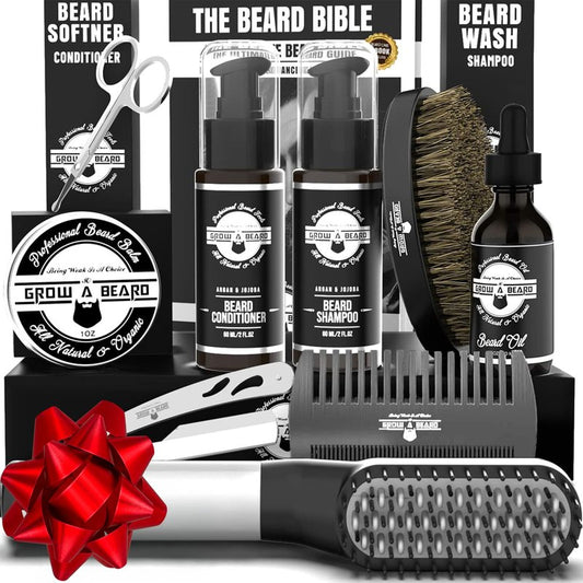 Beard Straightener Grooming Kit for Men, Beard Growth Kit, Wash, Brush & Comb, Unscented Growth Oil, All Natural Sandalwood Balm, Conditioner, Razor & Scissors, Great Gift Idea for Men's (Black)