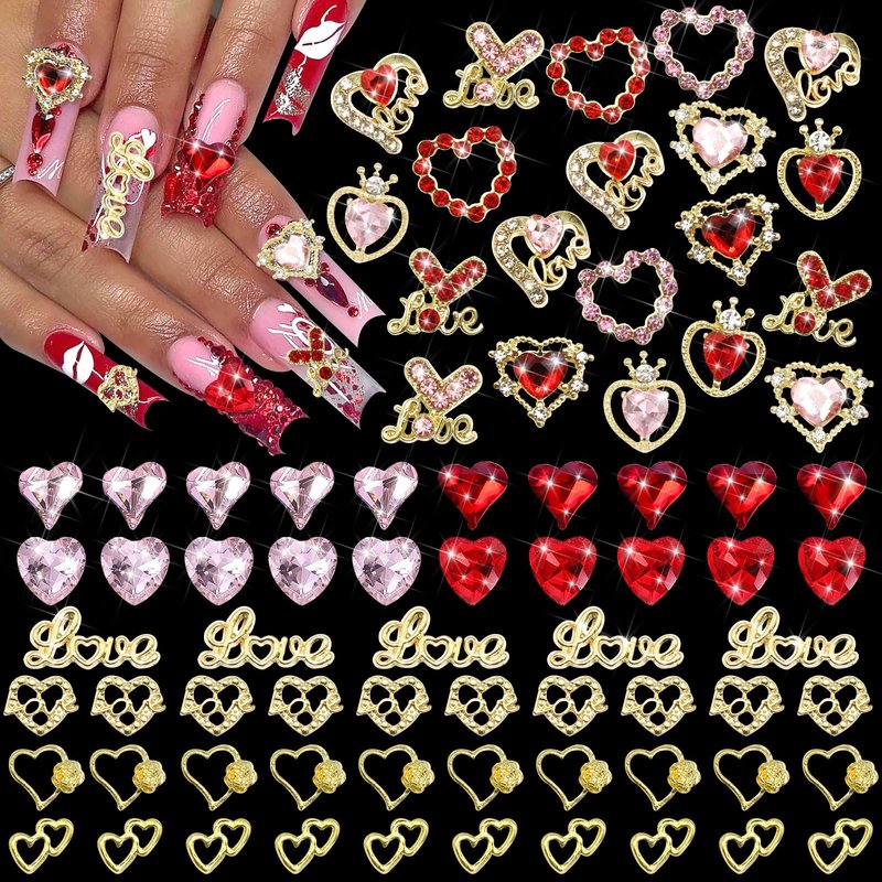 BELICEY 75Pcs 3D Gold Nail Charms Red Pink Heart Nail Charms Alloy Flatback Love Letter Charms for Nails Heart Shaped Gems and Rhinestones for Women Valentine‘s Day Manicure DIY Nail Art Design Crafts