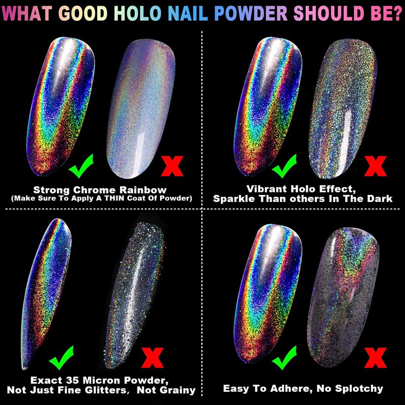 GA&EN Nail Glitter 2 Jars Holographic Nail Powder Fine Rainbow Holo Mermaid Unicorn Mirror Laser Effect Multi Chrome Manicure Pigment Glitter Dust + 6PCS Sponge Tools for Salon Home Nail Art DIY Decor