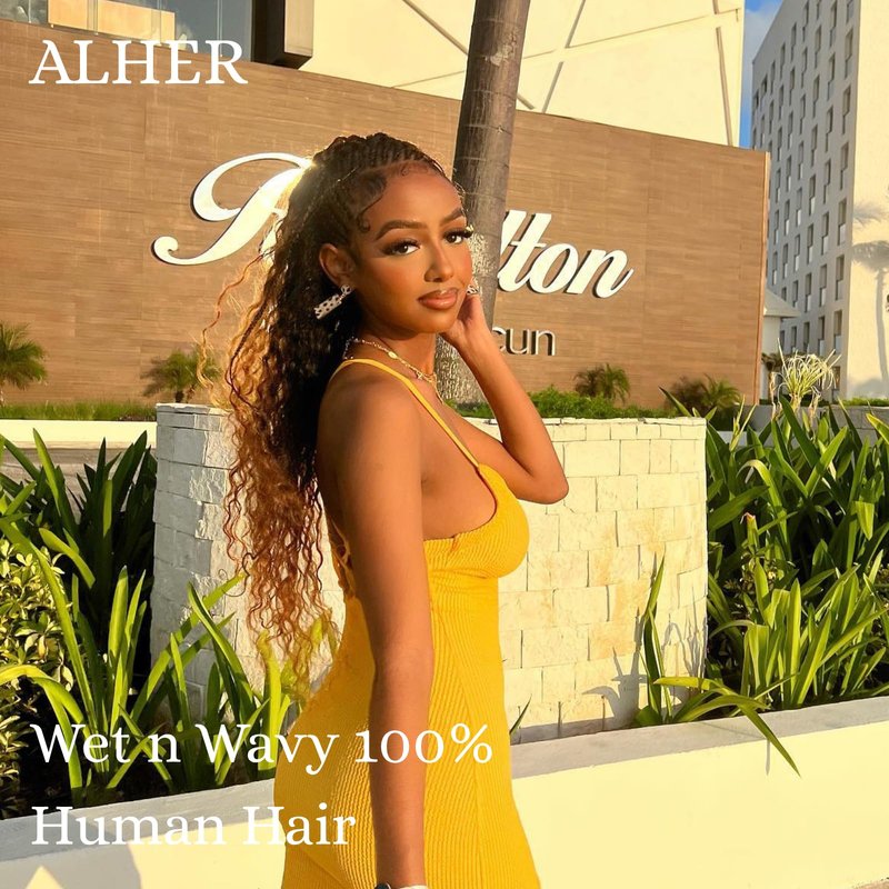 ALHER 12A Ombre Human Hair Bundles Water Wave, Soft Thick Chestnut Brown Ombre Single Curly Bundle Wet and Wavy 100% Virgin Remy Human Hair for Black Women #T1B/2/30 Dark Roots Auburn Sew In 14 Inch
