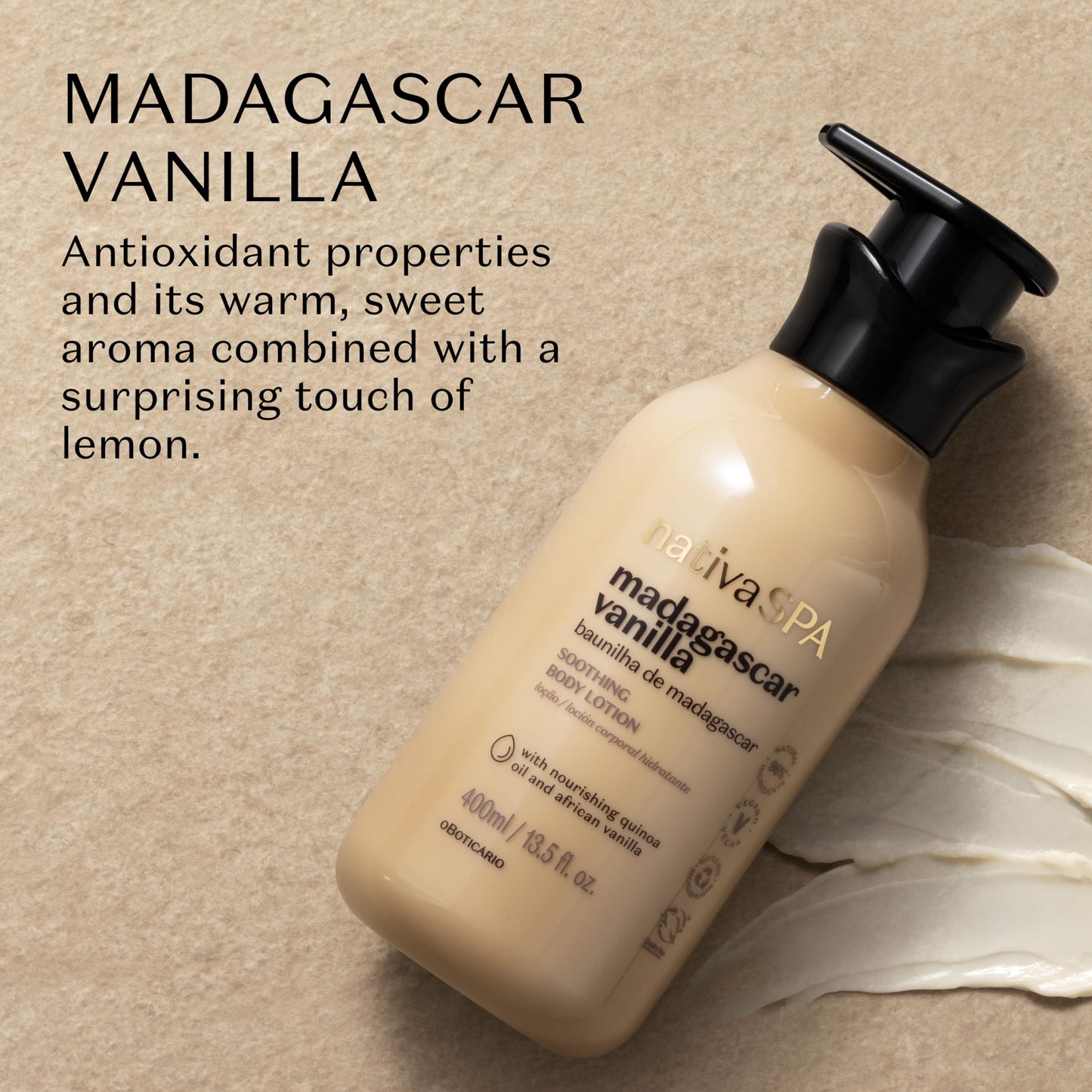 Nativa SPA by O Boticário, Madagascar Vanilla Moisturizing Body Lotion, Fragranced Skin Moisturizer with Purified Quinoa Drops, 13.5 Ounce