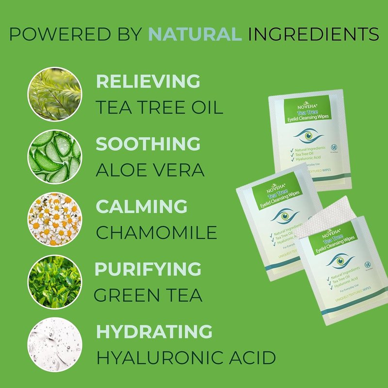 NOVEHA Tea Tree Oil Eyelid & Lash Wipes - Hyaluronic Acid, Green Tea & Chamomile | 60 Individually Wrapped Cleansers for Itchy Eyes