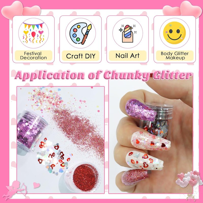 Laza Nail Art Glitter - 12 Colors Chunky Red & Pink Glitter Powder | Perfect for Valentine's Day Nail Designs
