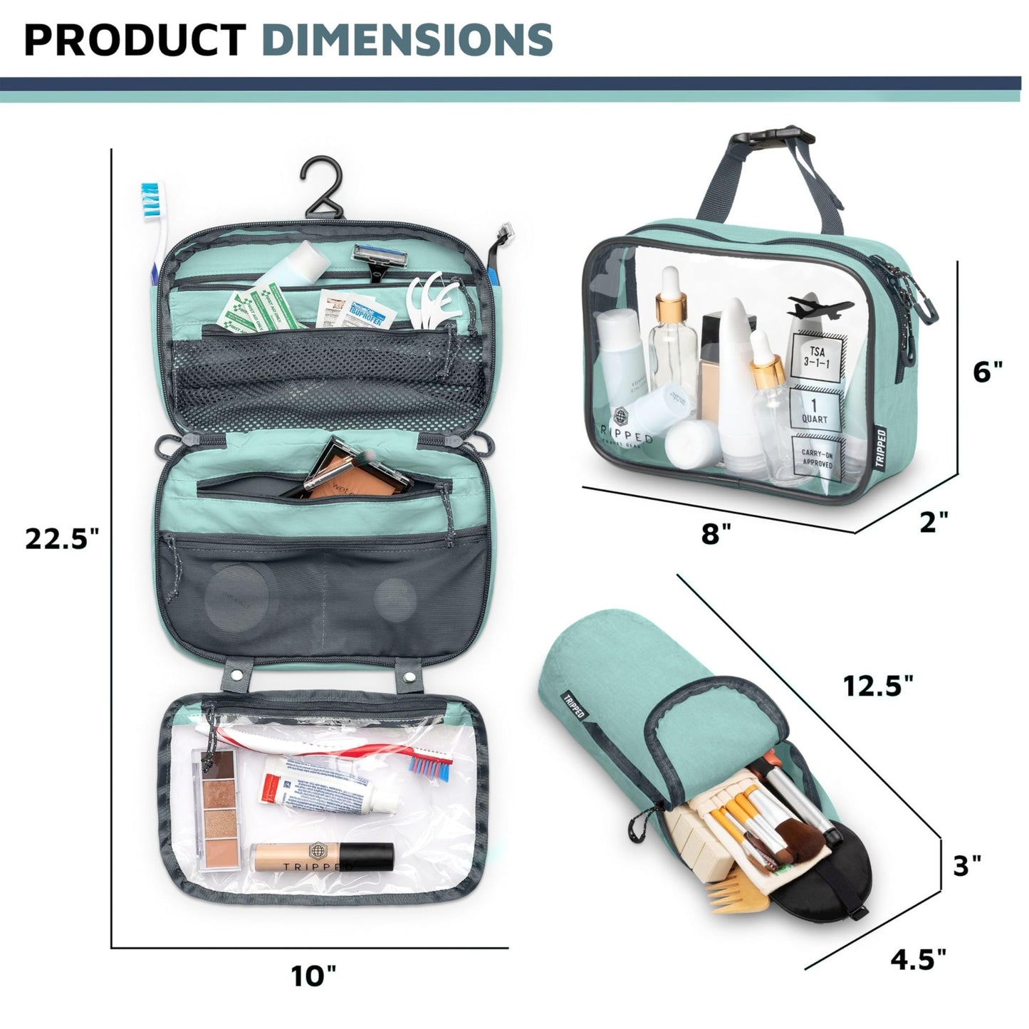 Toiletry Bag Kit 3 Piece Set: Hanging Travel Toiletry Bag + 311 TSA Cosmetic Liquid Bag + Accessory Organizer Pouch (Dusty Teal)