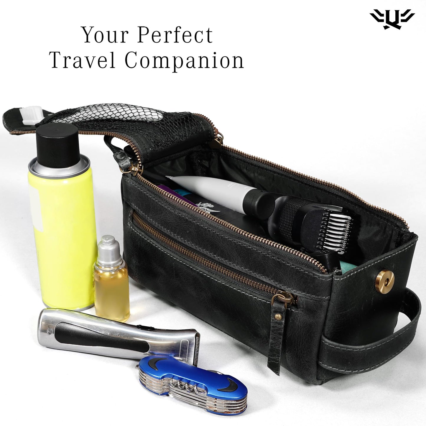 LushLuxeoria Premium Handmade Leather Toiletry Bags for Men and Women, Genuine Leather Dopp Kit and Shaving Bag for Men, Travel Cosmetic Bag for Women's and Men's, Zipper Pocket, Black