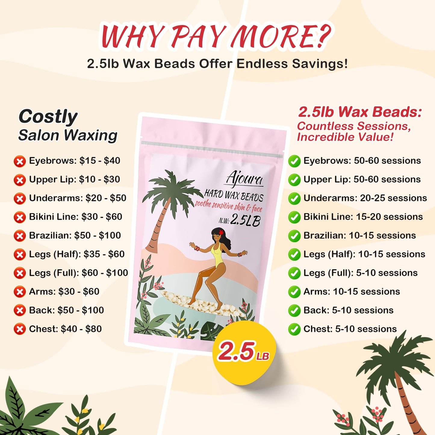 Ajoura 2.5 lb Wax Beads for Hair Removal - Premium Hard Wax for Coarse Hair, Ideal for Brazilian Bikini, Legs, Face, Underarms, Arms, Chest, Back - Sensitive Skin for Efficient Home & Salon Waxing