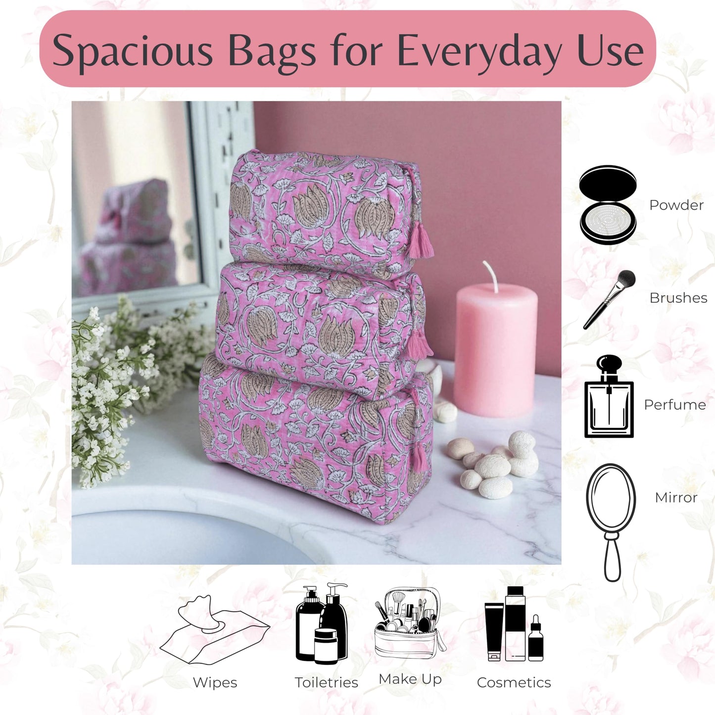 Quilted Floral Block Print Makeup Bag Set of 3 – Cotton Travel Toiletry and Makeup Organizer, Cosmetic Pouch, Toiletry Bag for Women, Cute Boho Coquette Make Up Bags for Women (Small, Medium, Large)