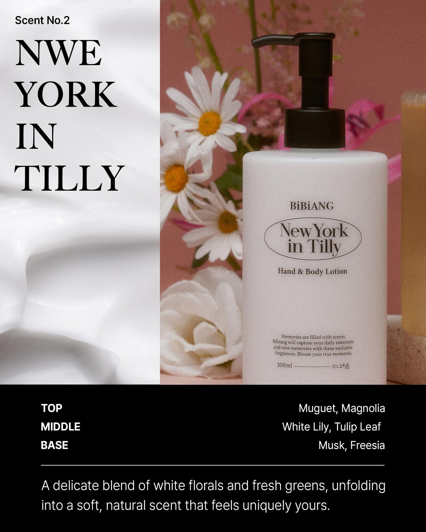 BiBiANG New York in Tilly Body Lotion - Korean Body Care for Moisturizing & Nourishment - Hydrating Body Care Formula with Floral Lily Scent, Shea Butter & Jojoba Oil - 10.82 fl.oz