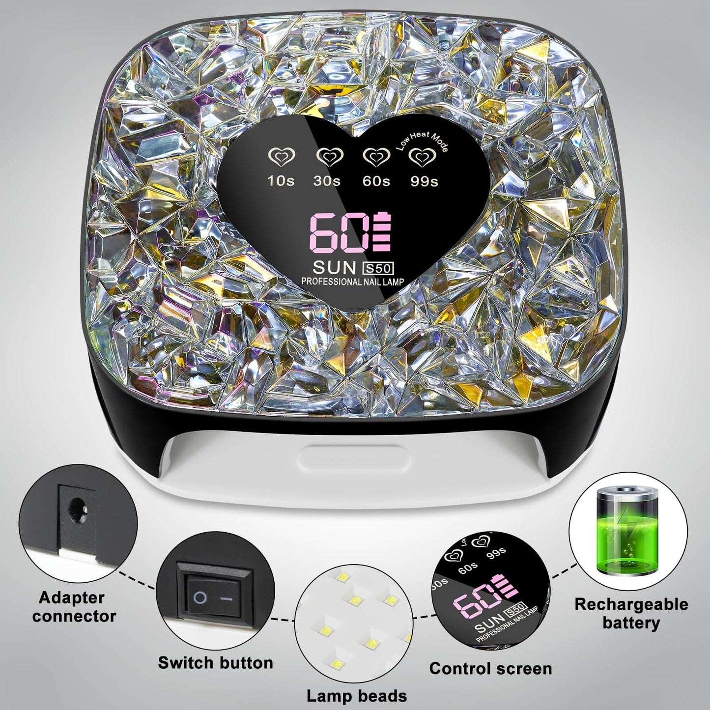 LIMEGIRL UV LED Nail Lamp Kit for Gel Polish Professional Fast Black Diamond Design Curing Dryer Light Set with 4 Timers and Gloves Cordless Rechargeable Nail Art Cure Machine at Home and Salon