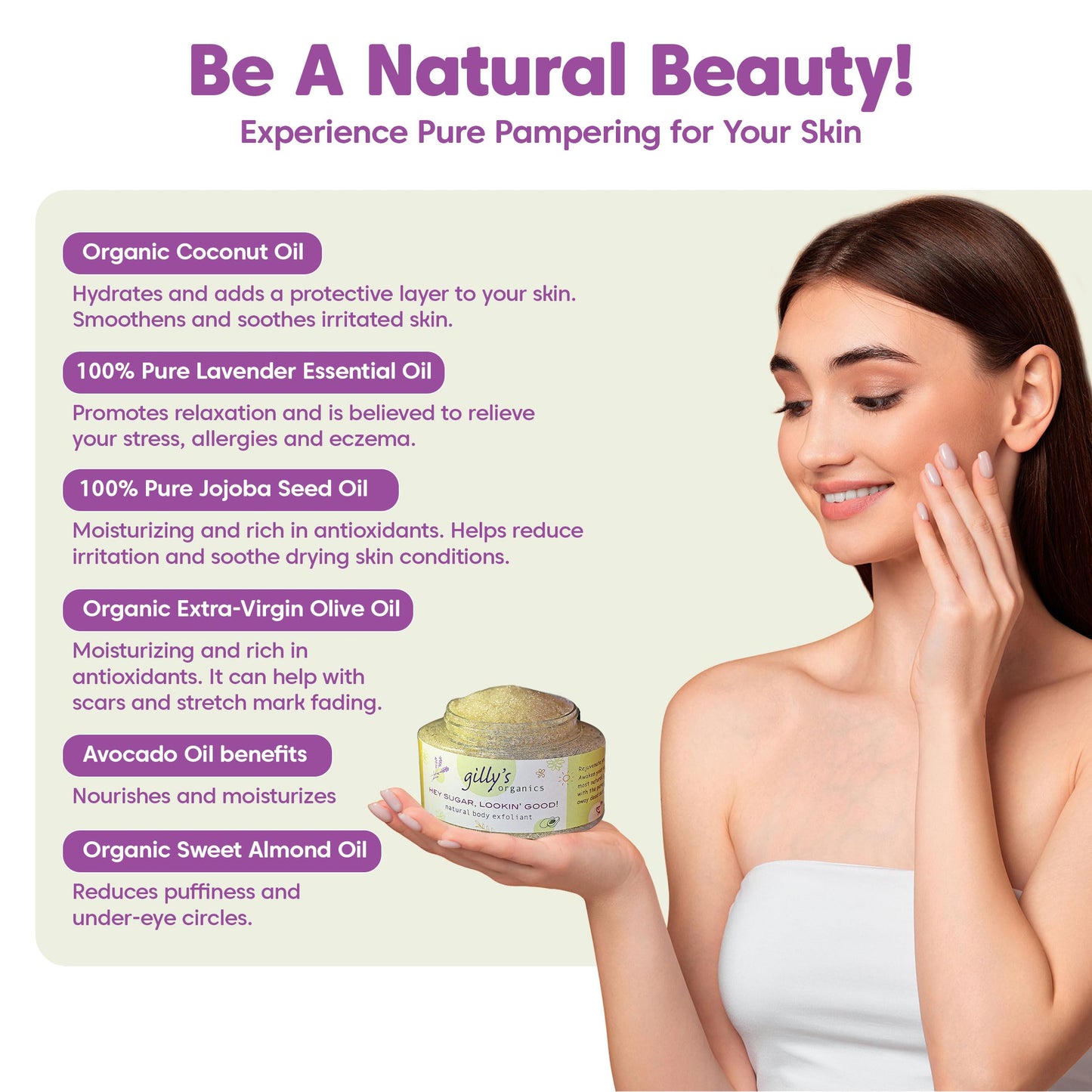 Gilly's Organics Sugar Scrub – Natural Scrubs with Lavender, Coconut, Avocado, Sweet Almond Oil – Gentle Exfoliating and Deeply Hydrating Body Scrub for Women and Men – 8oz Organic Sugar Scrub