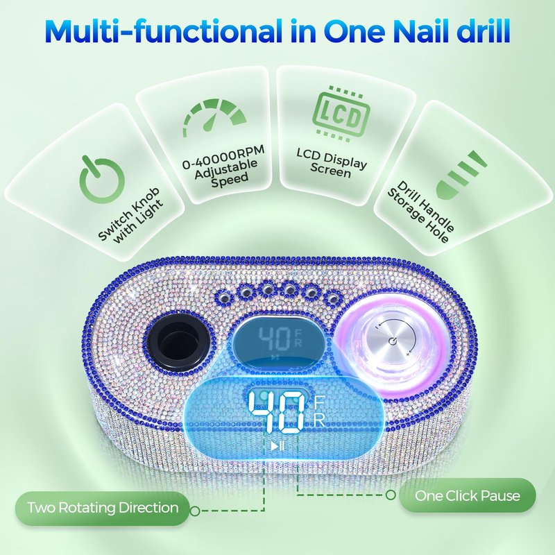 Nail Drill Electric File: DEDNMSCA Sparkly Professional Nail Drill Kit, 40000RPM E-File Machine with 12 Drill Bits for Acrylic Nails Remove Nail Gel Polish Manicure for Salon Home, Diamond