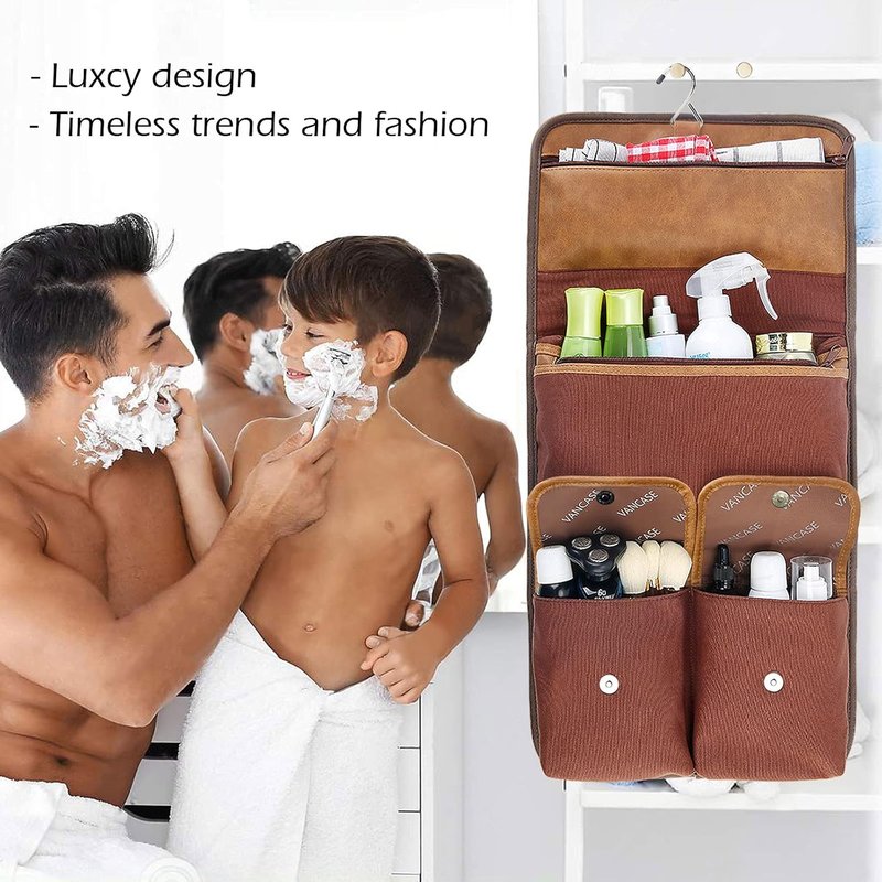 Hanging Toiletry Bag for Men - Leather Travel Organizer | Bathroom & Shower Makeup Kit