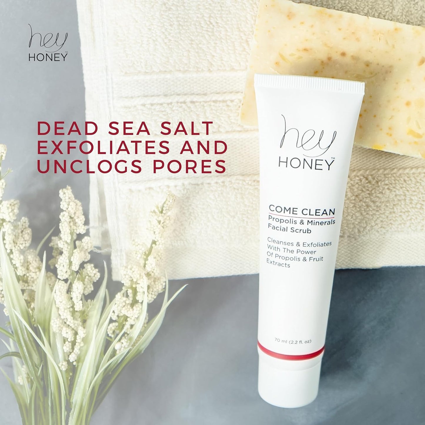 Hey Honey Propolis & Dead Sea Salt Microdermabrasion Facial Scrub - Non-Abrasive Exfoliator for Sensitive Skin | 2.2 oz