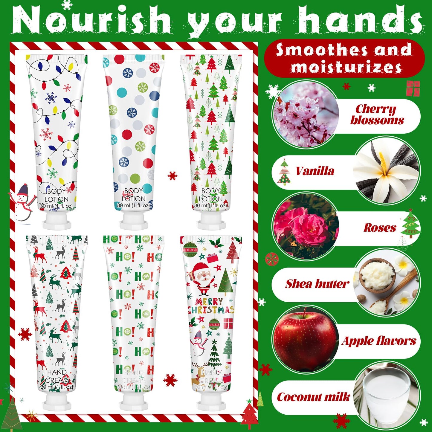 12 Sets/72 Pcs Christmas Party Favors Christmas Hand Cream Body Lotion Lip Balm Nail File Gifts Set Xmas Stocking Stuffers Travel Size Lotion Bulk Holiday Party Supplies for Coworkers Women Adults