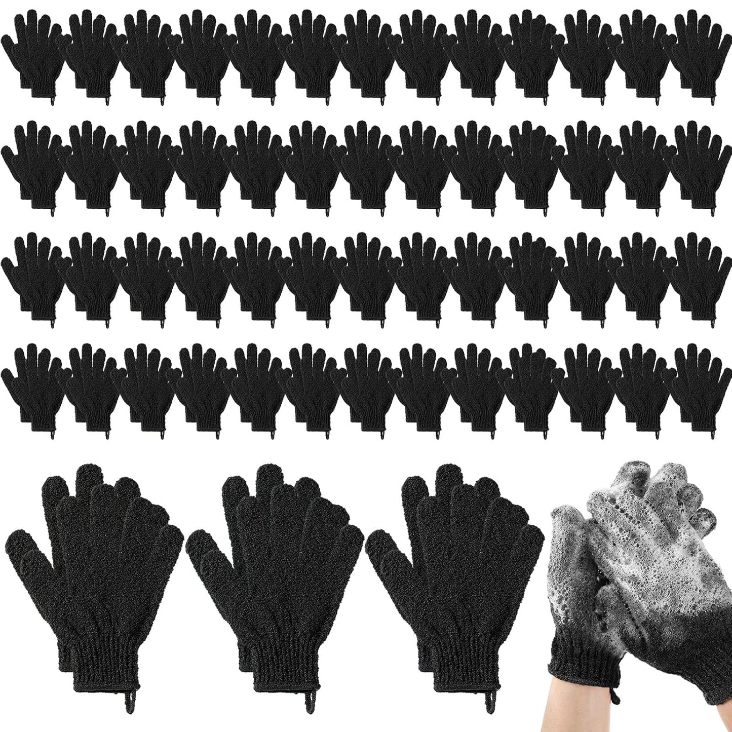 Exfoliating Shower Gloves - 104 Pcs Body Scrubber Set with Hanging Loop | Black for Men & Women