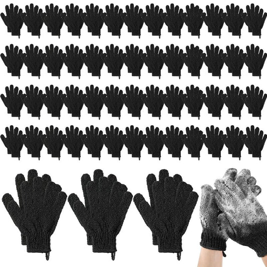 Exfoliating Shower Gloves - 104 Pcs Body Scrubber Set with Hanging Loop | Black for Men & Women