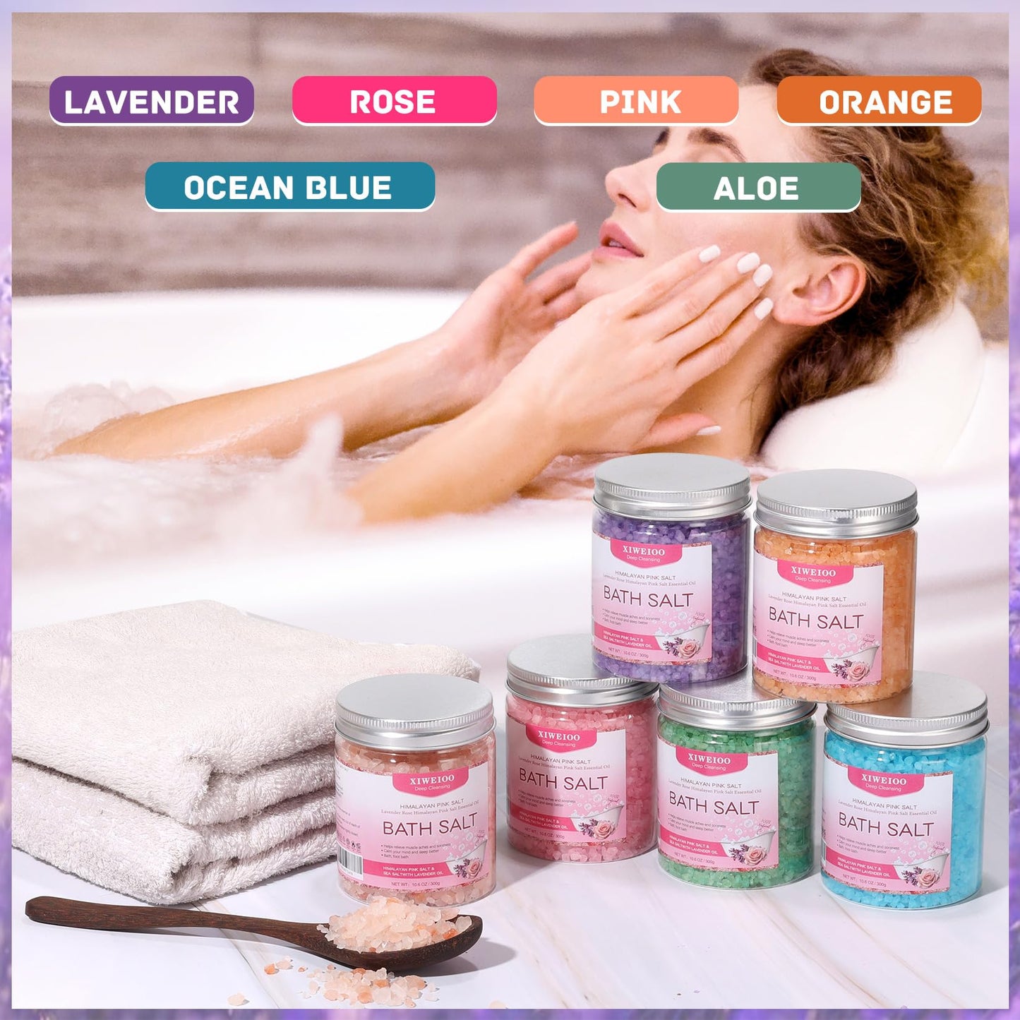 XIWEIOO 6 Pack Bath Salt KIT for Soaking Himalayan Pink Salt Lavender