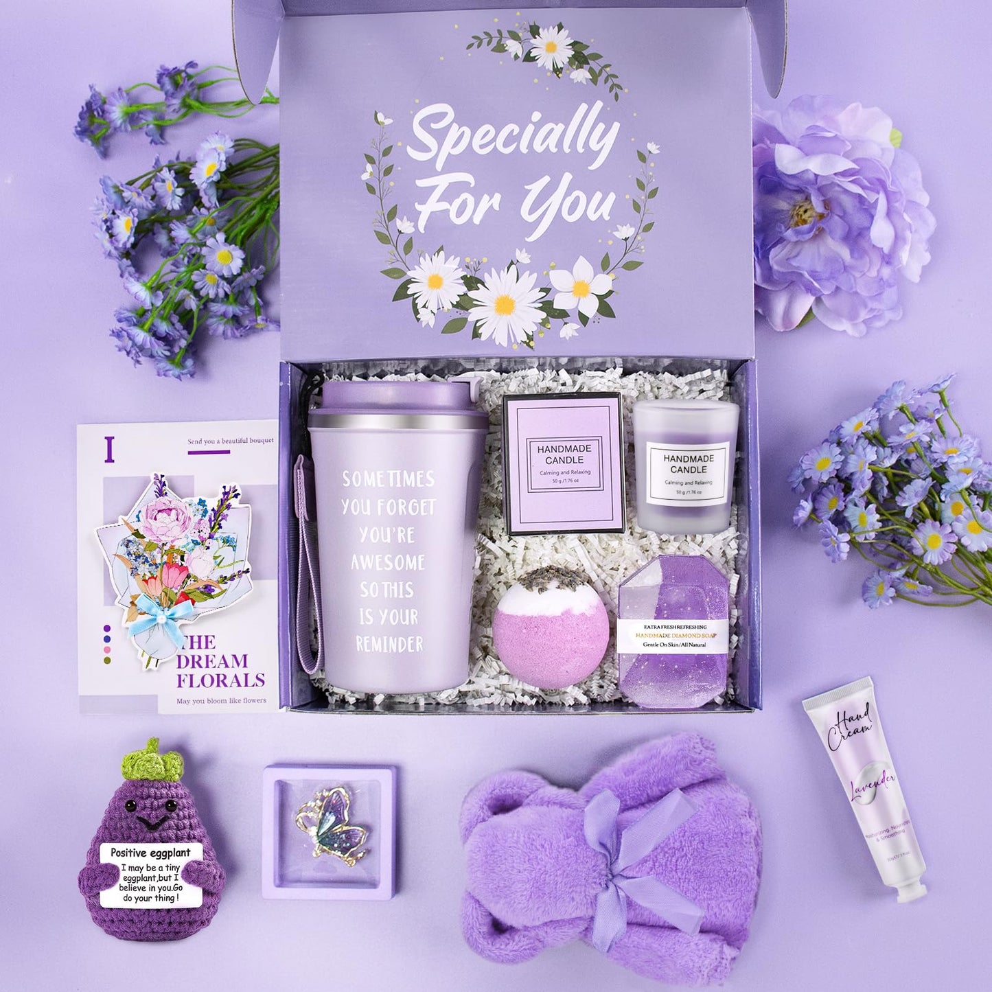 Gifts for Women, Birthday Gifts for Women, Gift Baskets for Women Best Friends Mom Her Sister Wife Girlfriend Coworker, Lavender Spa Gift Set with Emotional Support Eggplant Doll for Christmas Gifts