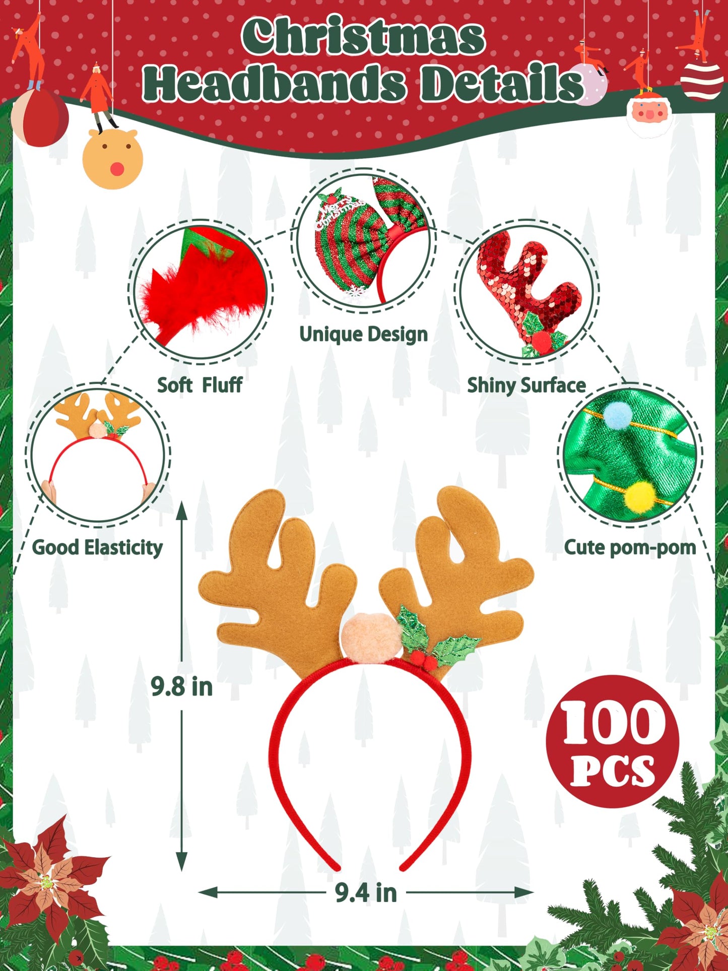 HOVACY 100 Pcs Christmas Headband, Christmas Headbands for Women Xmas Headbands for Adults Xmas Decorations Photo Booth Props