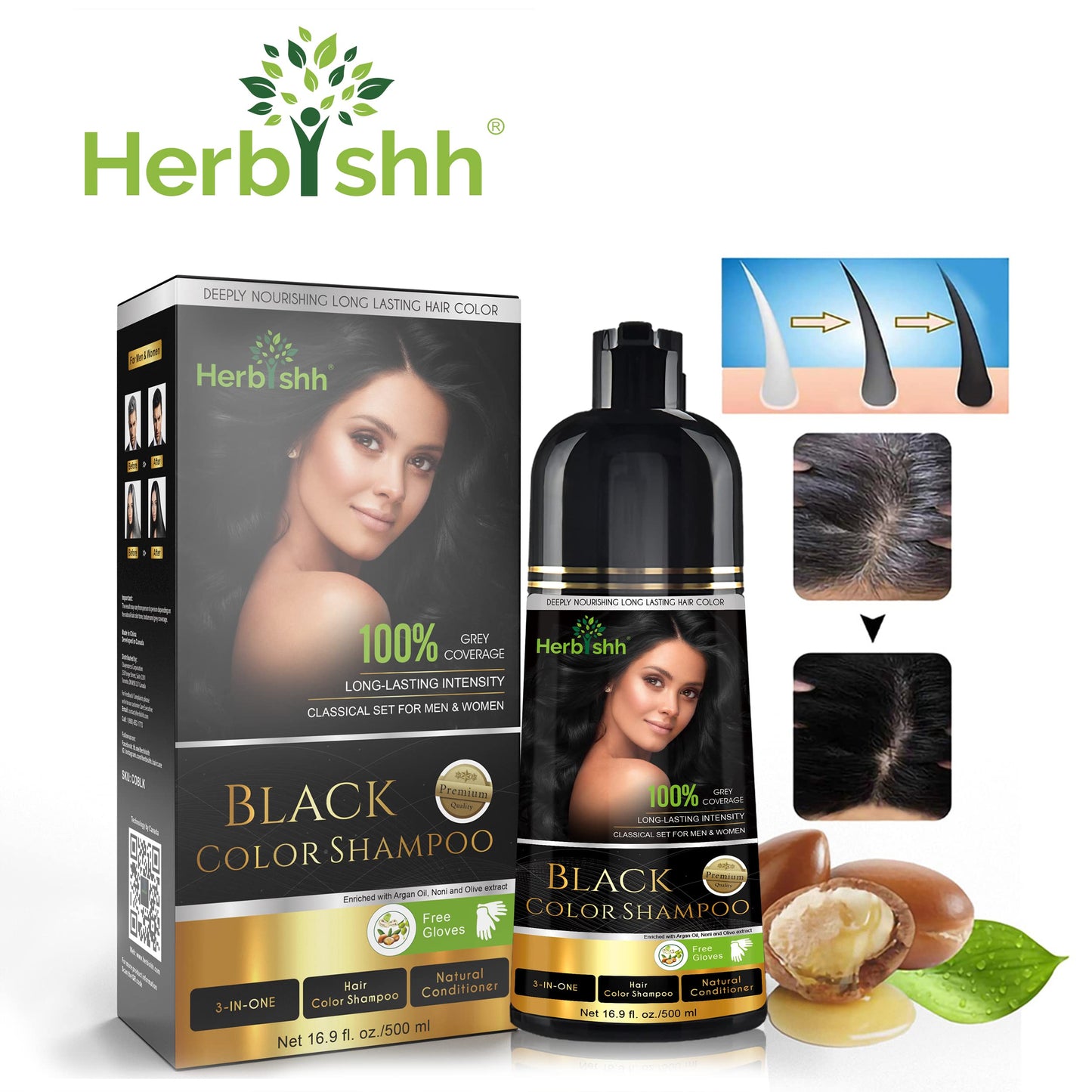 Herbishh Hair Color Shampoo for Gray, 500 ML - Black with Vitalizer Serum, Strengthener, Thickening for Thinning , Repairs Follicles, Promotes Healthier
