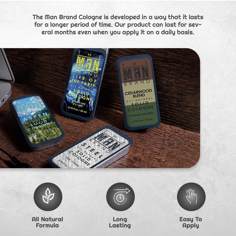 Mens Sample Solid Cologne Pack with Aspen, Lumberjack, Cedarwood Blend, Mystery Man, Life of the Party, Steel, and Business as Usual (Play Daily Solid Cologne Sampler Set - 7 Pack - 0.75 oz each)