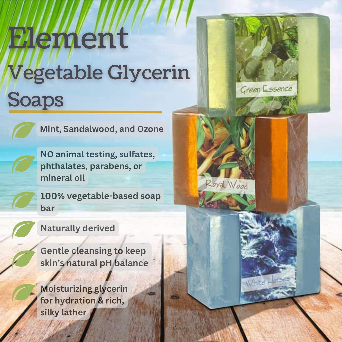 Nabila K Elements Glycerin Bar Soap Set of 3 | Green Essence, Royal Wood & White Horses | Natural, Vegan, Hypoallergenic | 100% Vegetable Glycerin, Sulfate-Free | 4.5 oz Each