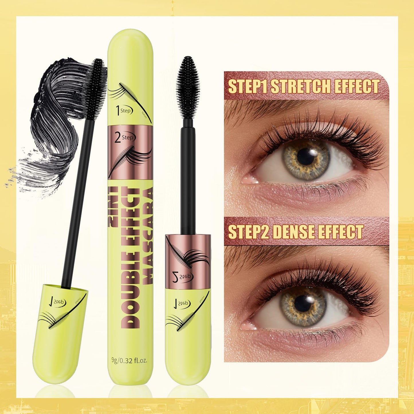 Dual-effect mascara, black and brown