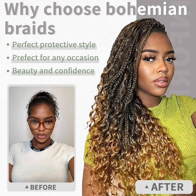 Goddess Box Braids Crochet Hair 24 Inch 7 Packs Boho Crochet Braids Pre Looped Bohemian Gypsy Braids Crochet Hair for Women Brown and Blonde Braiding Hair Extensions, M33/30/27