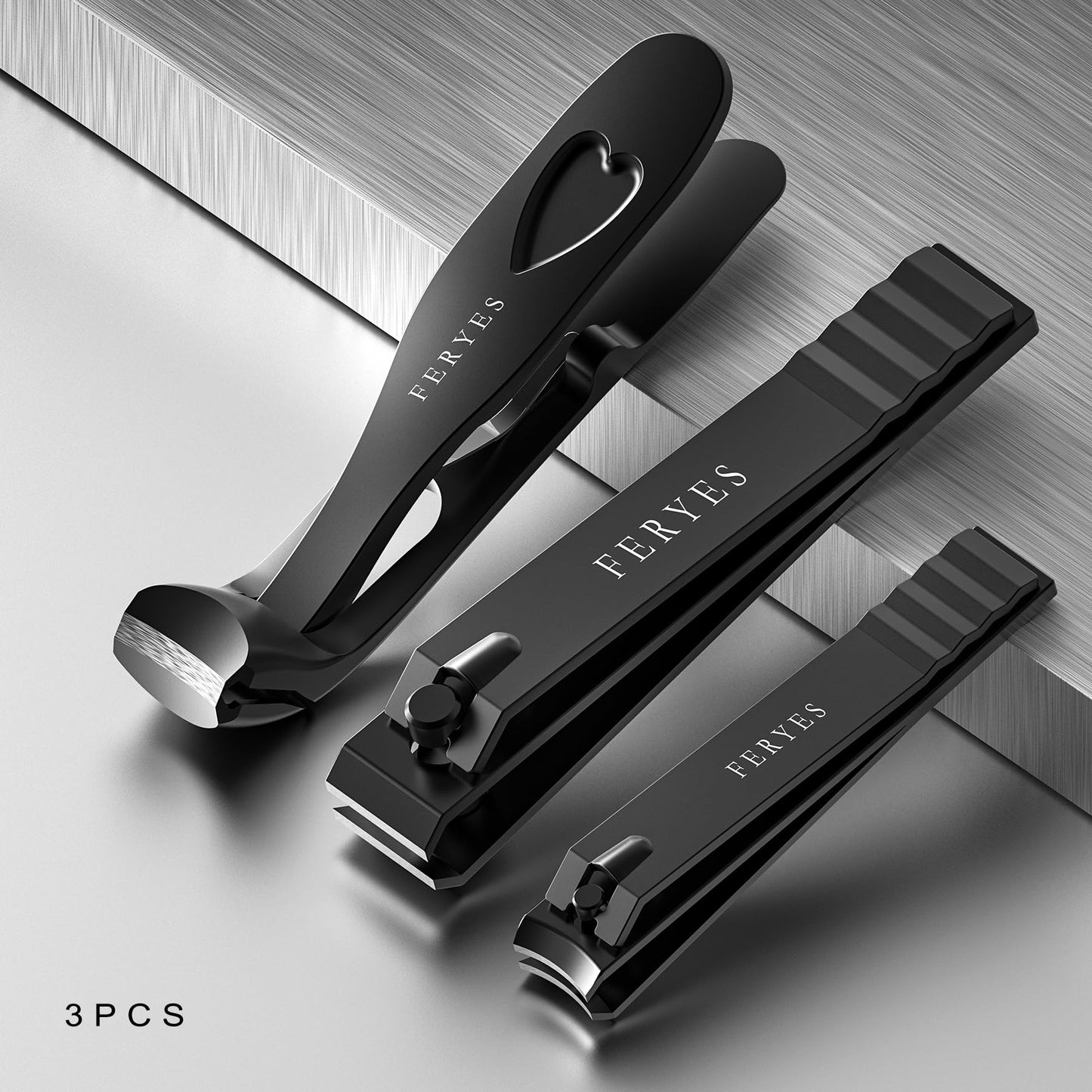 FERYES 3PCS Nail Clippers Set – Long Handled Angled Toenail Clipper for Thick Nails for Seniors, Straight Blade Toe Nail Clippers for Tough Nails, and Curved Blade Fingernail Clippers for Men & Women