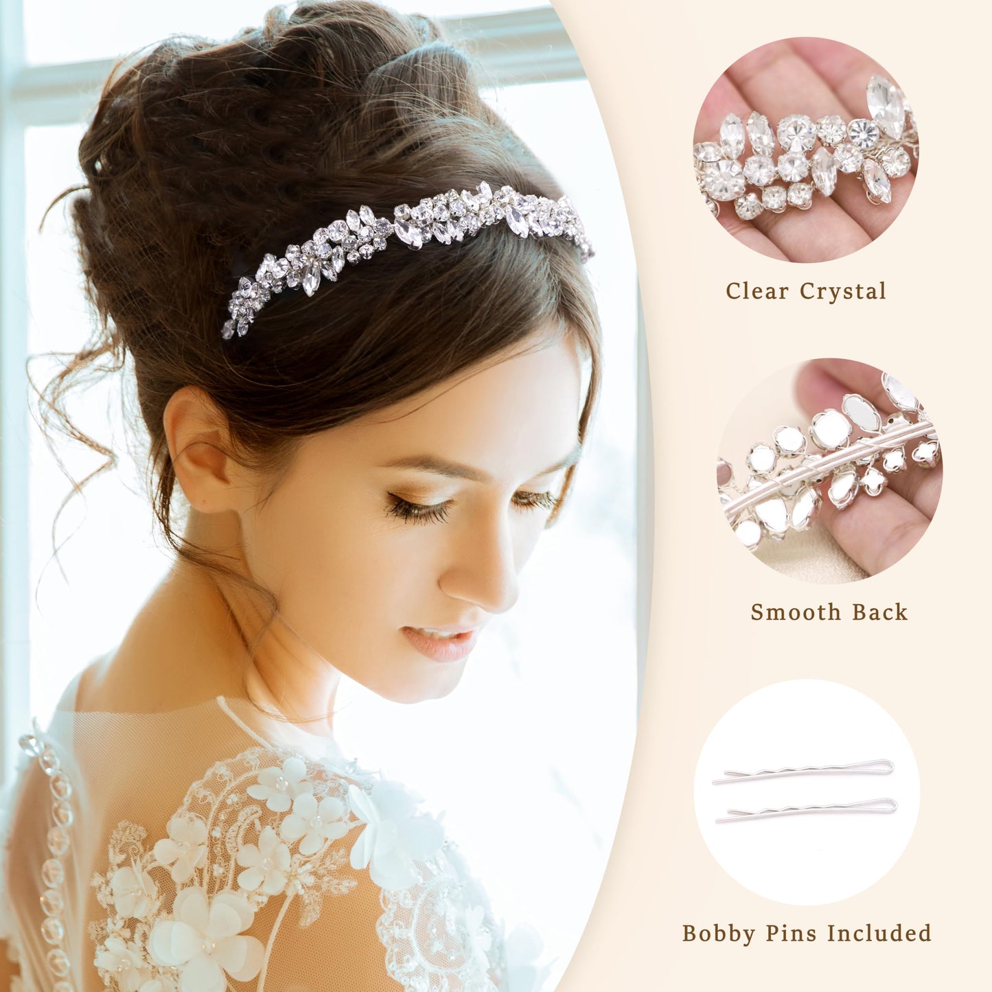 Oriamour Crystal Wedding Headband For Bride Bridal Headpieces For Girls Rhinestone Hairband For Birthday, Party, Prom (Silver)