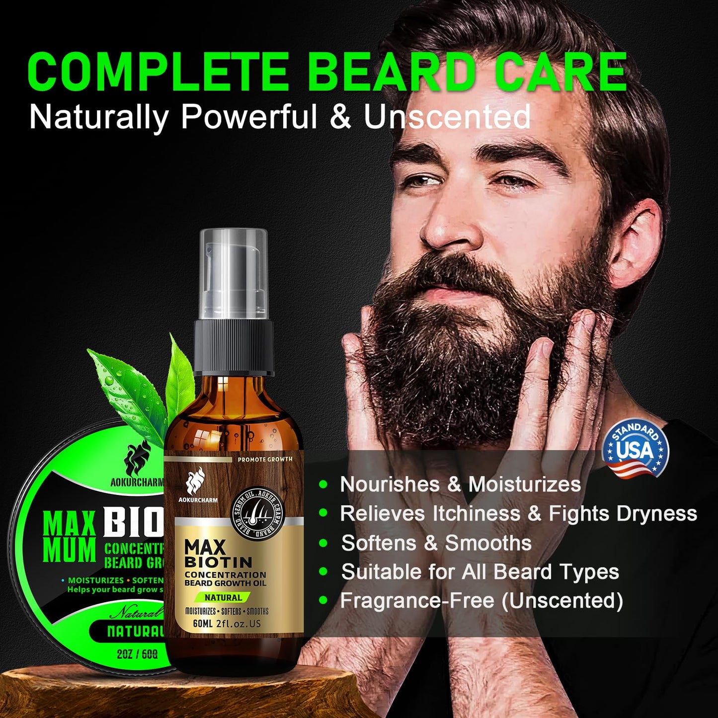 aokur 2 Pack Biotin Beard Growth Kit for Men – Unscented Beard Oil & Balm – Beard Care Set for Growth, Softening & Styling – Gift for Father’s Day & Christmas