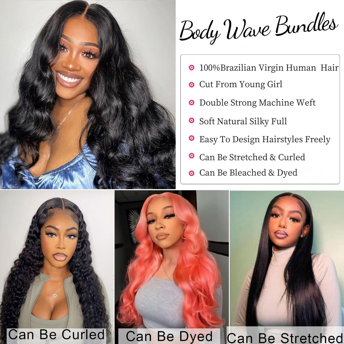 12A Human Hair Bundles 14 16 18 Inch Body Wave Bundles Human Hair Unprocessed Brazilian Virgin Hair 3 Bundles Weave Extensions Real Human Hair Natural Black Color Bundle