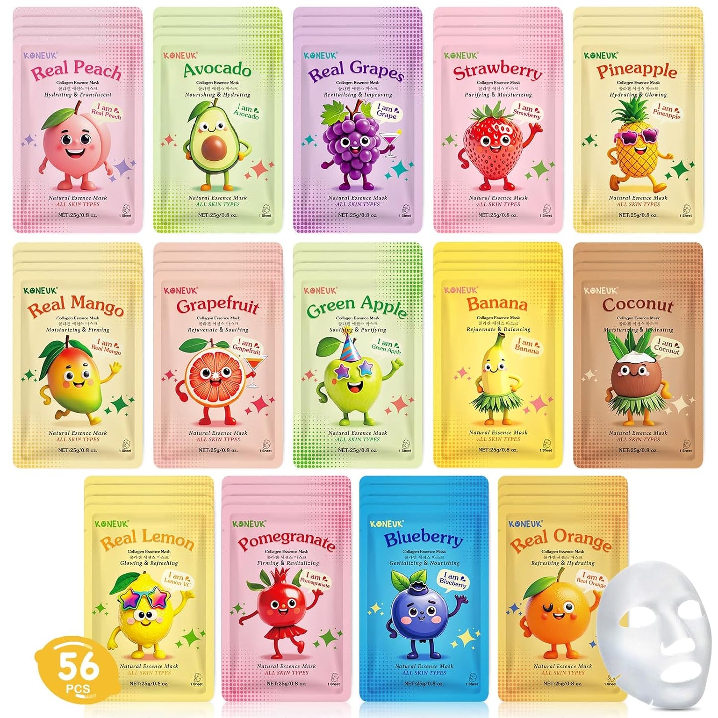 Fruit Collagen Face Masks - 56 Pack Hydrating Sheet Masks for Teens & Kids | Spa Gift Set for All Skin Types