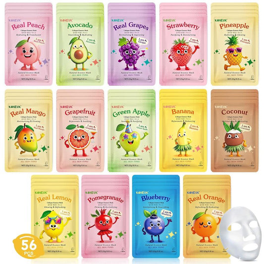 Fruit Collagen Face Masks - 56 Pack Hydrating Sheet Masks for Teens & Kids | Spa Gift Set for All Skin Types
