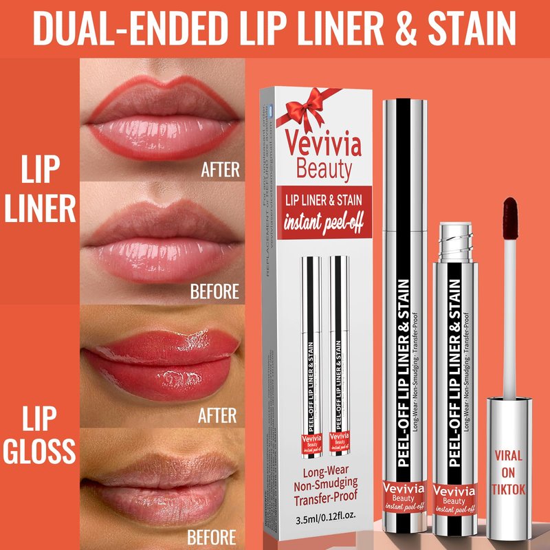 Vevivia 2pcs Lip liner Stain Peel Off,2-in-1 Lip Liner with Tweezer,Lip Stain Waterproof Long Lasting,Non-Fading Peel Off Lip Color,Stay On All Day,Perfect for Gift,Highly Pigmented Color(Mauve+Rose)