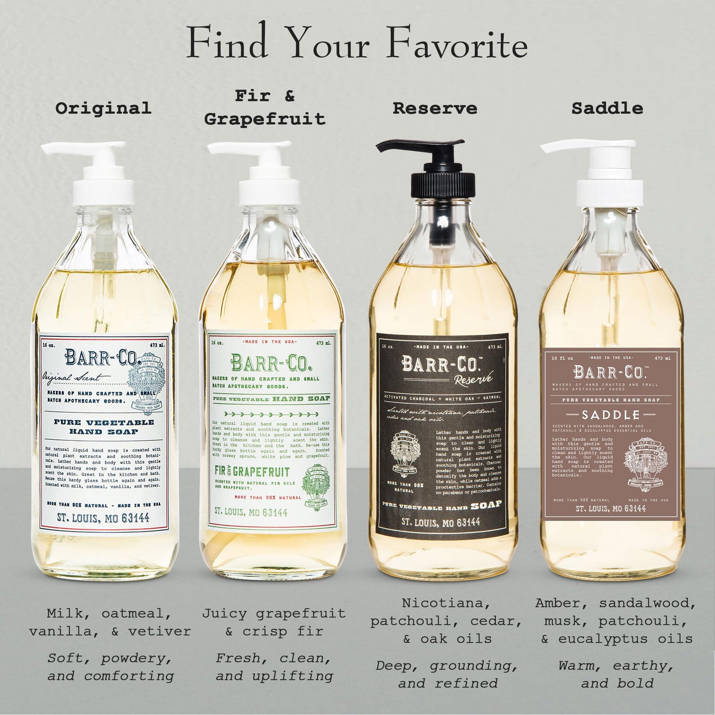 BARR-CO. Natural Hand Soap, Vegan Liquid Soap for Bathroom & Kitchen, Moisturizing Fir & Grapefruit 16 fl oz