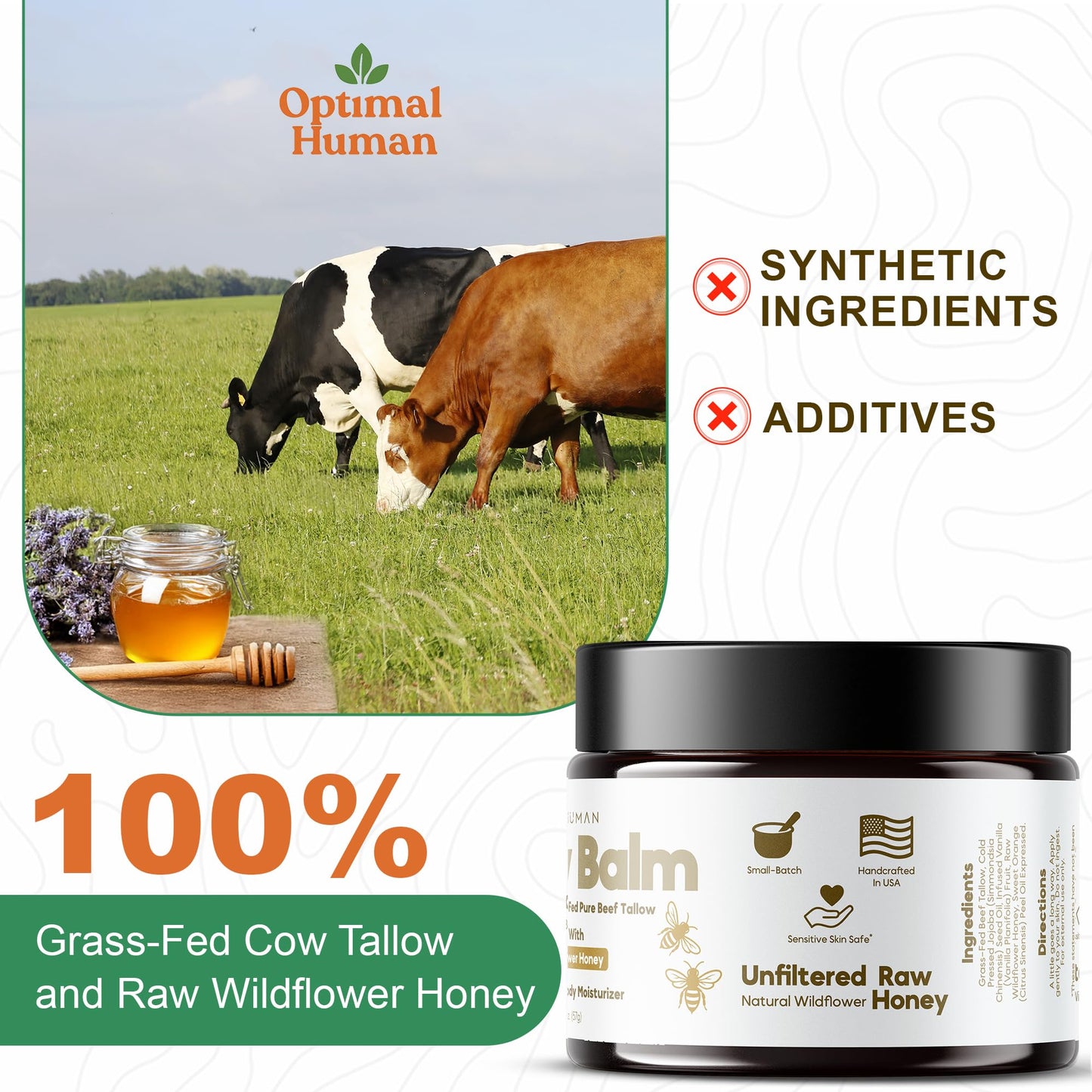 O H OPTIMAL HUMAN Grass-Fed Tallow Balm with Raw Honey, Face & Body - 2 Oz