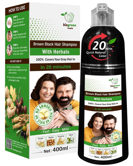 BIOGREEN ROOTS Ammonia-Free & Paraben-Free Herbal Hair Dye Shampoo for Women & Men – Gentle Natural Color Haircare Wash for Gray Coverage, Nourishing Shampoo for Color Care – Brown Black (400 ml)