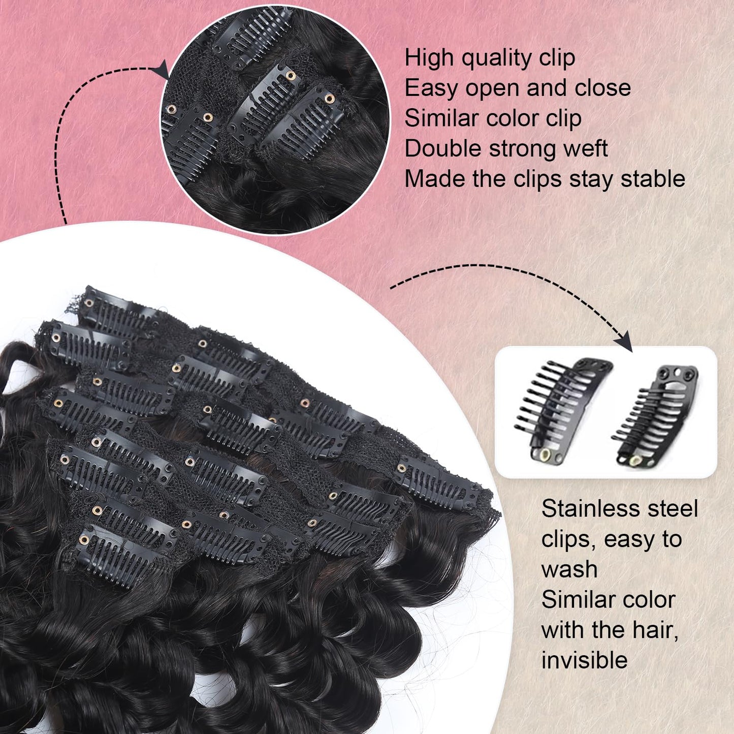 Deep Wave Clip in Hair Extensions Real Human Hair 16 Inch Deep Curly Clip ins for Women Invisible Seamless Remy Human Hair Clips in Extensions 8pcs 100g/3.5oz 20 Clips Double Weft Natural Black