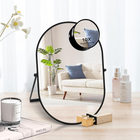 360° Adjustable Vintage Metal Framed Desk Mirror - Tabletop Vanity Mirror with 10X Magnification | Black Oval