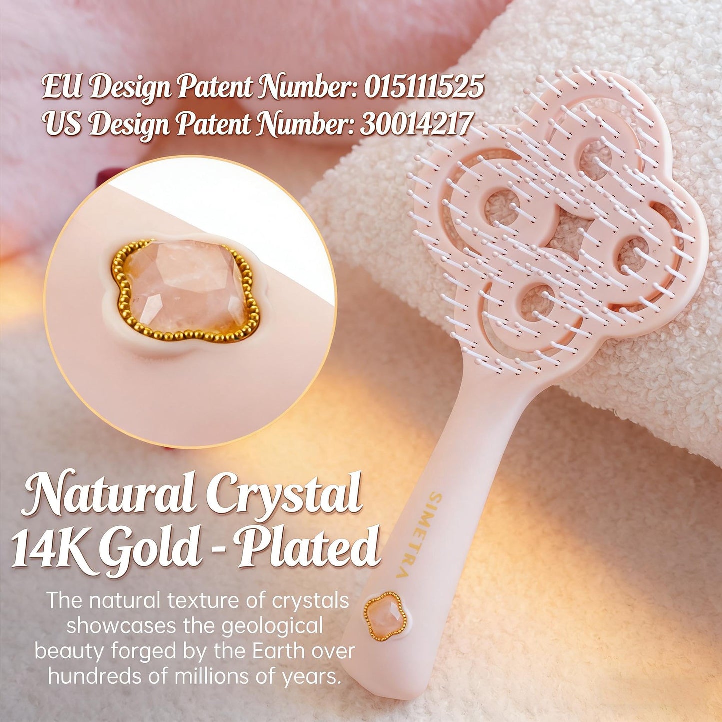 Simetra Detangler Hair Brush for Woman and Men, Original Detangling Brush for Curly Hair/Fine &Thick/Wet & Dry Hair, Flexible Bristles Hairbrush - Natural Crystal Inlay & 14K Gold Plating