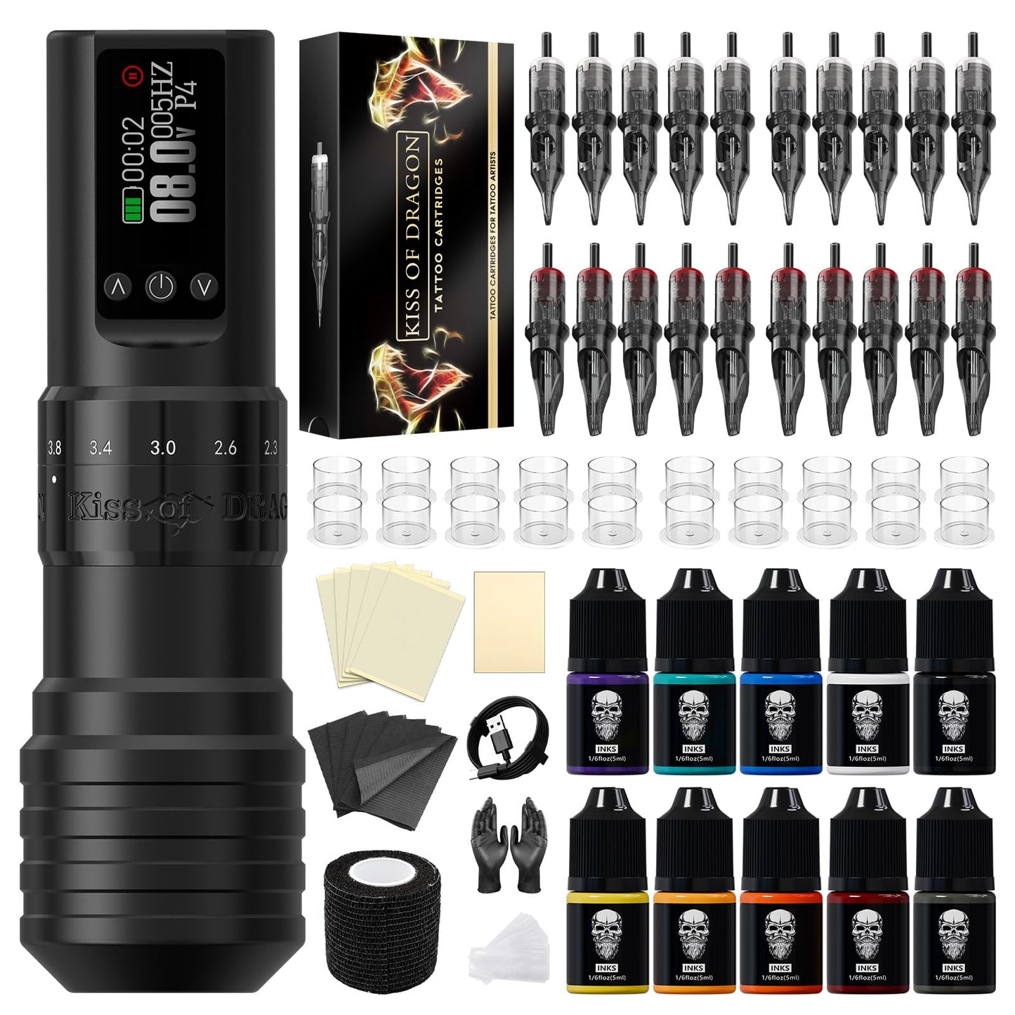 Tattoo Gun Kit Complete Wireless Tattoo Machine Kit, Kiss of Dragon V1 Rotary Adjustable Stroke Tattoo Pen with 1600 mAh Cordless Battery Tattoo Cartridge Needles Set for Beginners