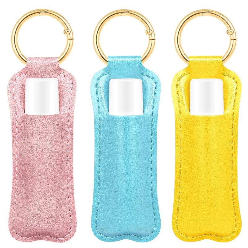 WK IEASON Lip Balm Holder Keychain Clip On PU Leather Lipstick Sleeve Pouch Lip Gloss Holder Lip Balm Sleeve Holder Keychain 3PCS（Pink/Blue/Yellow）