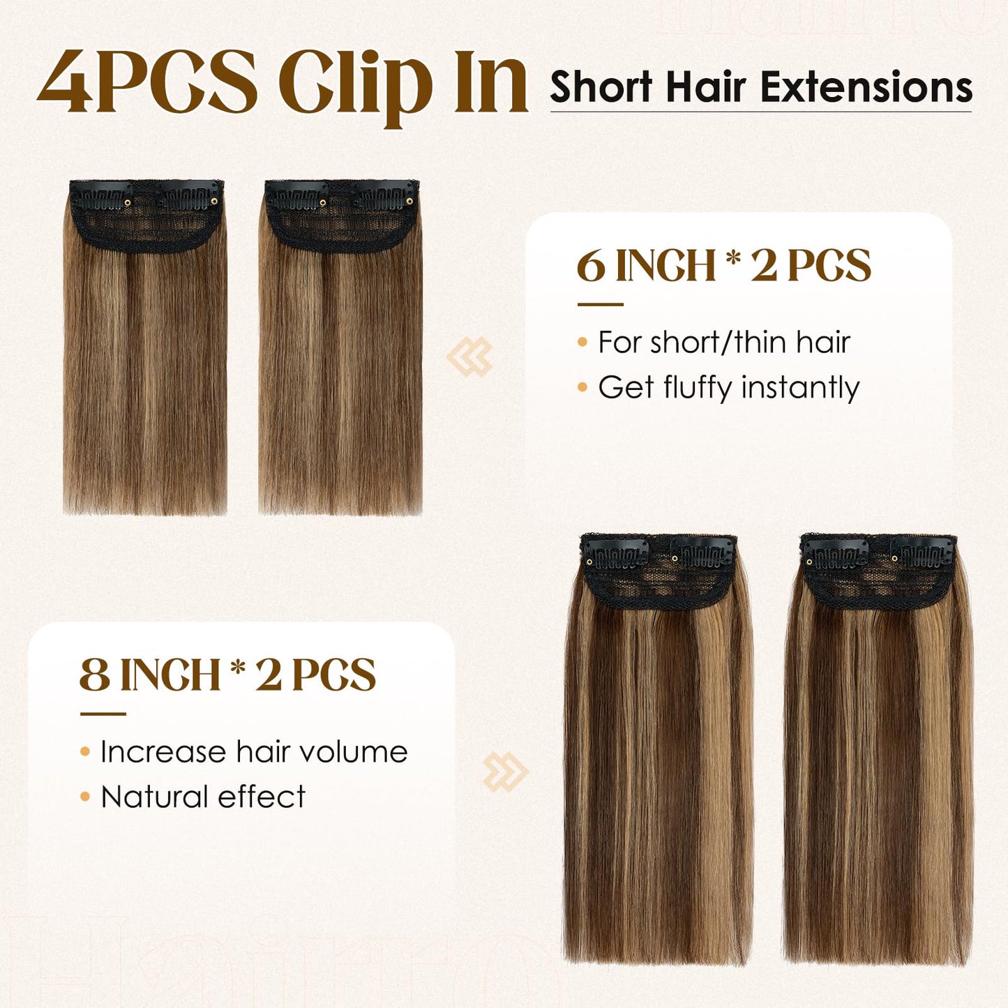Hairro 4PCS Clip In Short Hair Extensions For Women Human Hair Mini Clip On Hairpiece Invisible Highlight Hairpin Hairpieces Adding Volume Thinning Hair #4P27 Medium Brown&Dark Blonde