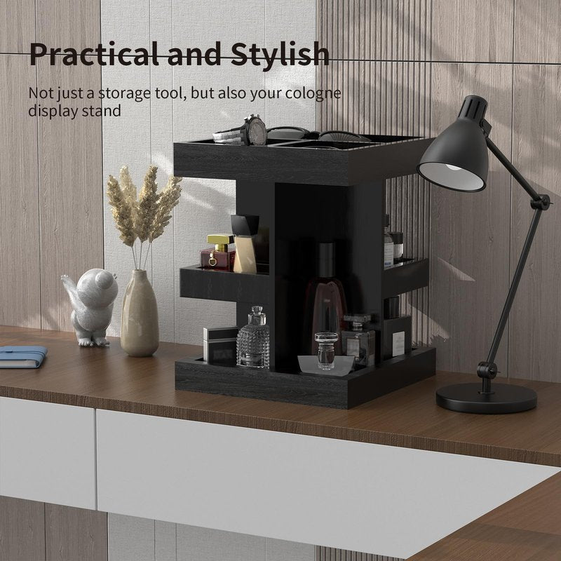 Cologne Organizer for Men with Metal Base, 360° Rotating Perfume Stand Heavy Duty, 3 Tier Wooden Cologne Shelf, Large Capacity Fragrance Display for Bathroom Dresser, Smooth Swivel Bearing (Black)