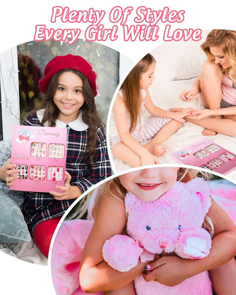 Press On Nails for Kids - 120PCS Glitter Nail Kit | Reusable Full Cover Designs for Ages 8-12