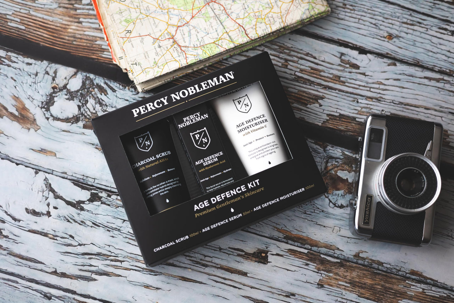 Percy Nobleman Age Defence Kit – Men’s Skincare Gift Set with Charcoal Face Scrub, Hydrating Facial Serum with Hyaluronic Acid & Vitamin C Moisturiser for Cleansing, Nourishment & Healthy Skin