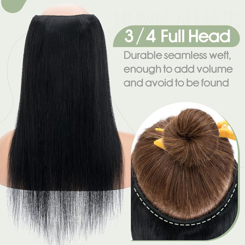 One Piece Clip-In Hair Extensions - Human Hair V Part Weft, Thicker Lace Net, 14" | #01 Jet Black