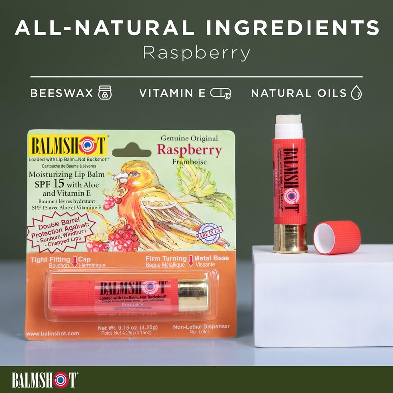 BALMSHOT Raspberry Lip Balm SPF 15 (4-Pack) – Beeswax Chapstick for Dry Chapped Lips, 20-Gauge Brass Shotgun Shell Tube, Heat Resistant, Long Lasting Lip Moisturizer for Men & Women, Made in USA