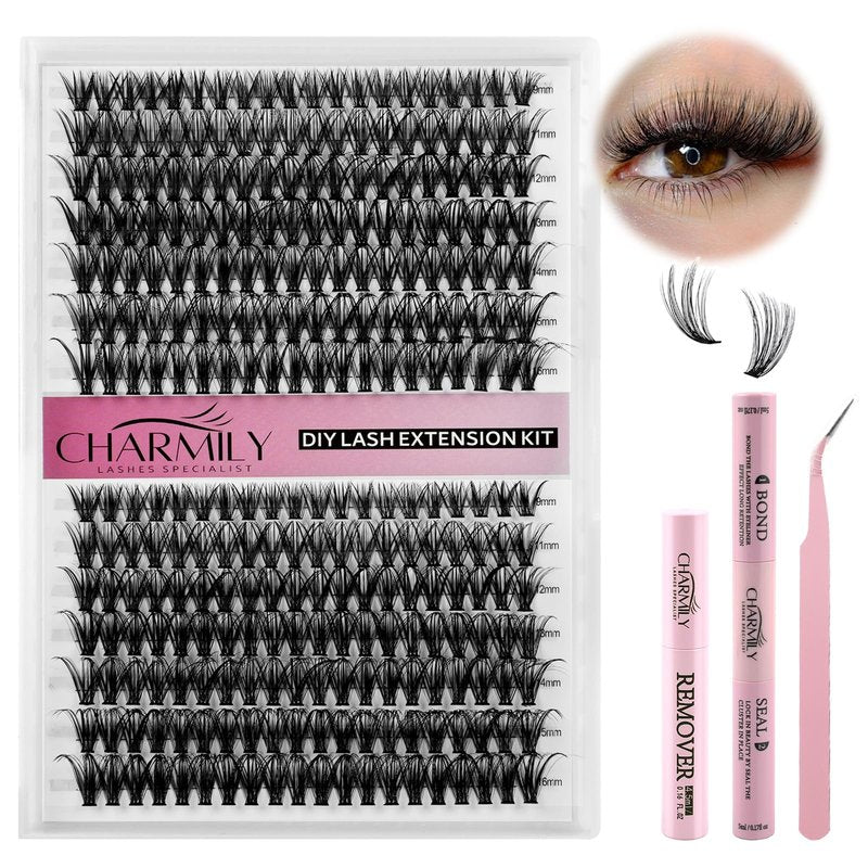 Charmily DIY Lash Extension Kit - 280pcs Lashes Clusters 0.07D 40D+50D Mix, 9-16mm D Curl Soft Wispy Lash Clusters with Bond, Seal, Remover & Tweezers for Easy at-Home Application Natural Look